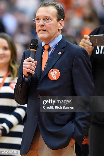 Syracuse Orange Director of Athletics John Wildhack addresses the crowd during a halftime presentation to honor Pearl Washington against the...