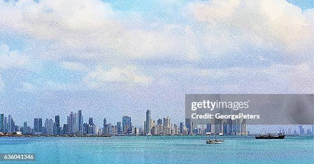 blick auf panama-stadt, panama und causeway - panama city stock-grafiken, -clipart, -cartoons und -symbole