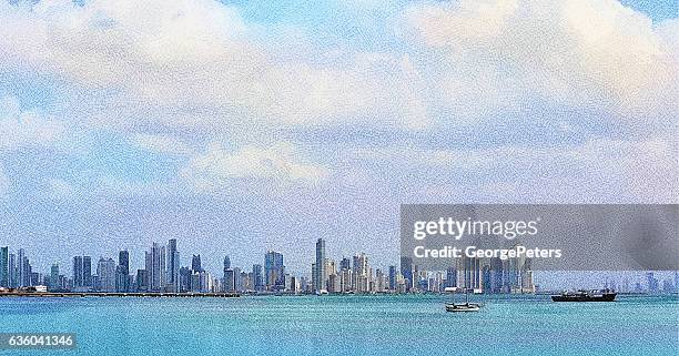 view of panama city, panama and causeway - panama city stock illustrations