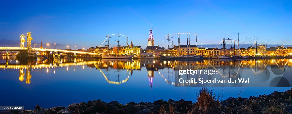 Kampen evening panorama skyline at the river IJssel in Holland