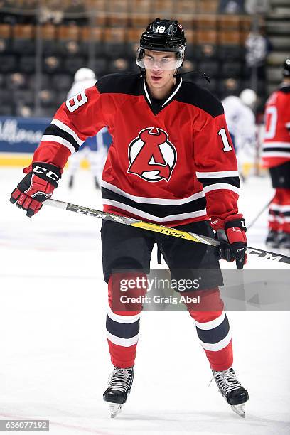 Blake Pietila of the Albany Devils skates in warmup prior to a game against the Toronto Marlies on December 17, 2016 at Air Canada Centre in Toronto,...