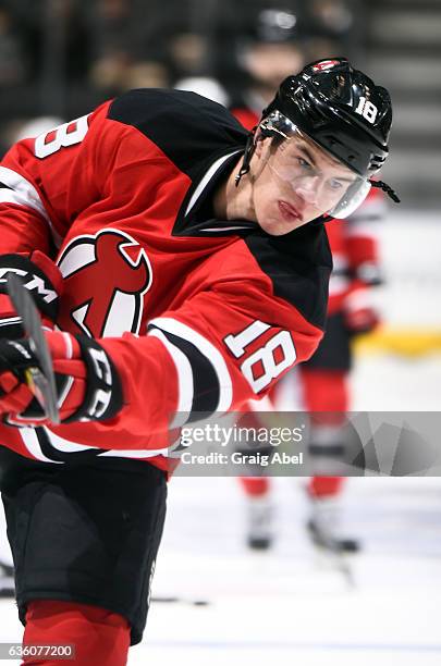 Blake Pietila of the Albany Devils skates in warmup prior to a game against the Toronto Marlies on December 17, 2016 at Air Canada Centre in Toronto,...