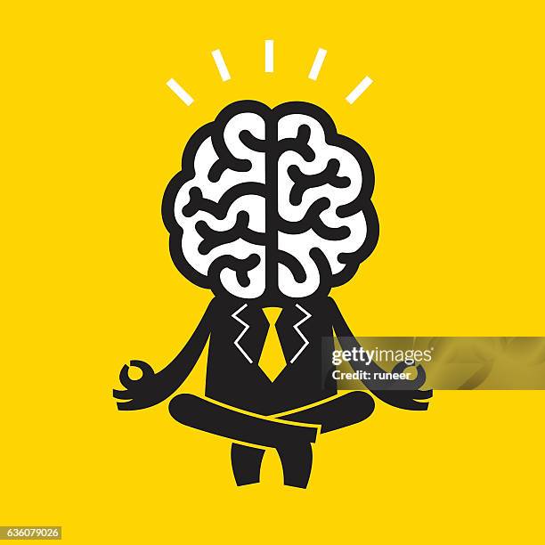 meditierender geschäftsmann (mr brain) | gelbes geschäftskonzept - serene people stock-grafiken, -clipart, -cartoons und -symbole