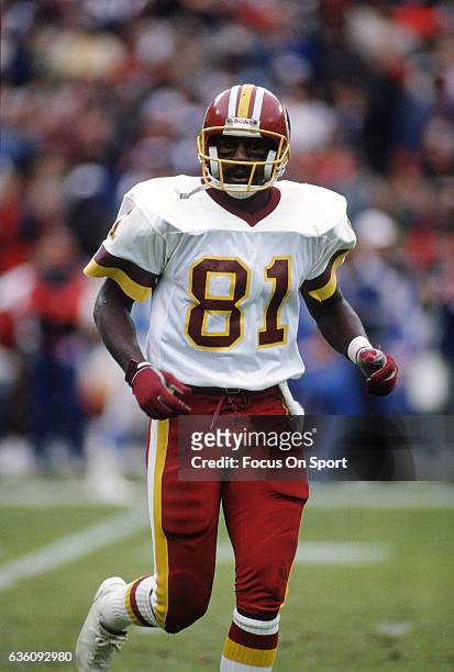 Wide Receiver Art Monk of the Washington Redskins in action during an NFL game circa 1993 at RFK Stadium in Washington, D.C. Monk played for the...