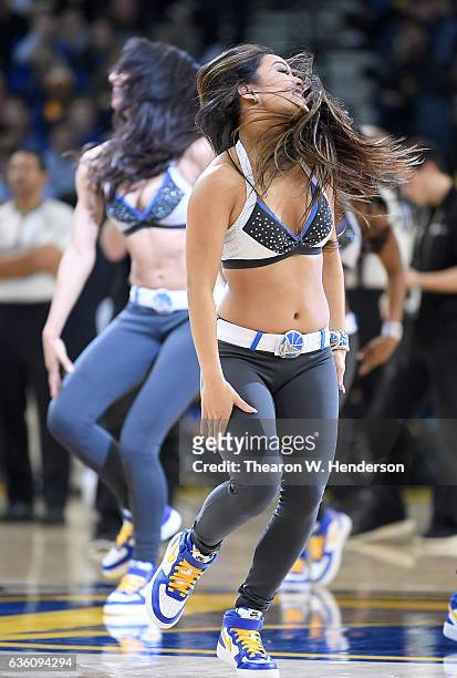 The Golden State Warriors Dance Team performs during an NBA basketball game between the Portland Trail Blazers and Golden State Warriors at ORACLE...