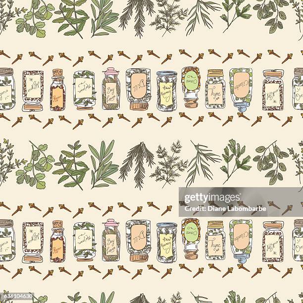 doodled herbs and spices seamless repeating pattern - spice stock illustrations