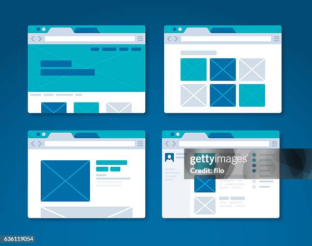 illustrazioni stock, clip art, cartoni animati e icone di tendenza di browser internet wireframe per la progettazione di siti web - webdesign