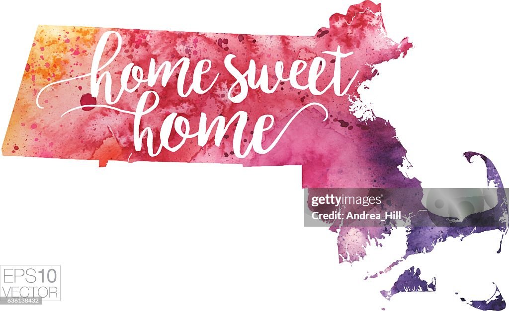 Home Sweet Home Vector Watercolor Map of Massachusetts