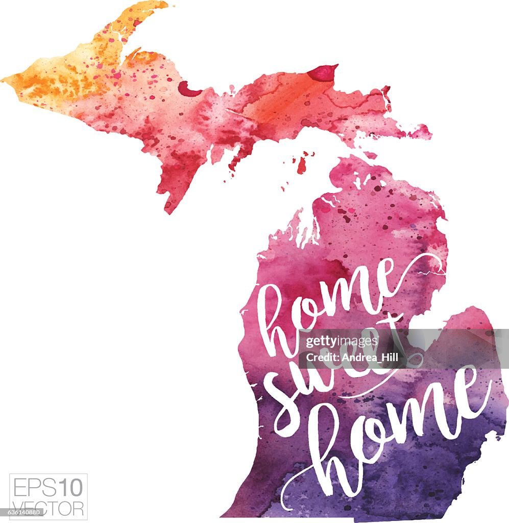 Home Sweet Home Vector Watercolor Map of Michigan