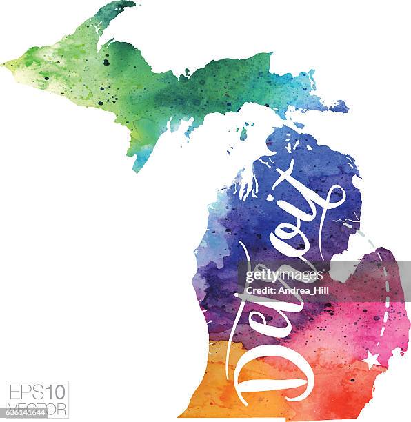 detroit, michigan vector watercolor map - detroit michigan map stock illustrations