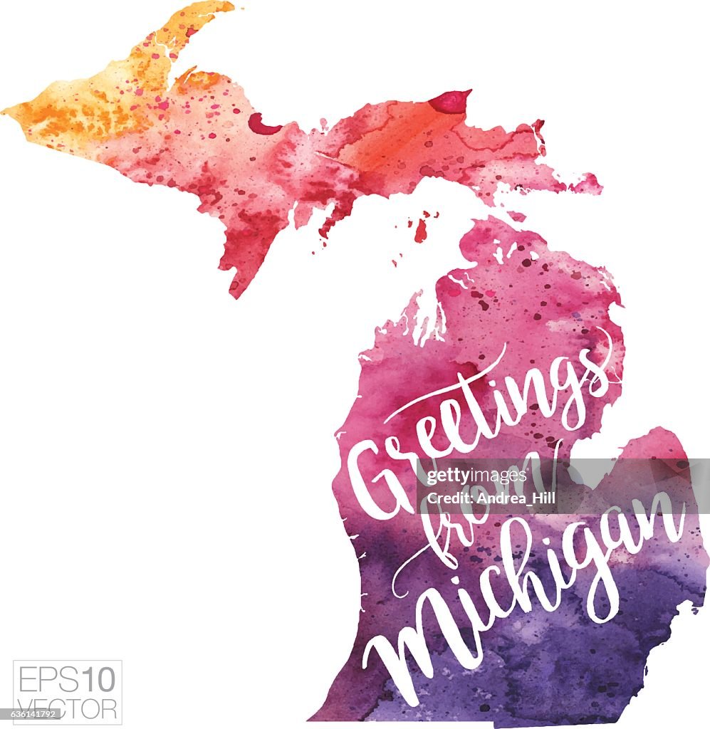 Greetings from Michigan Vector Watercolor Map