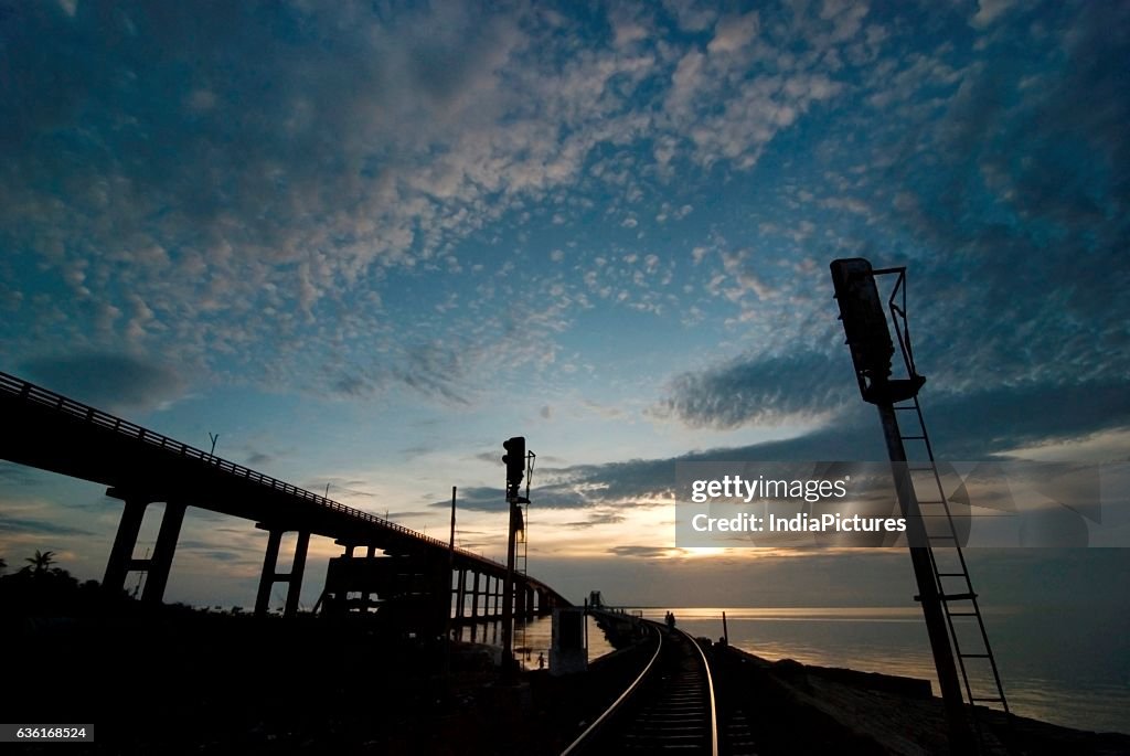 Pamban Railway Bridge At Sunset