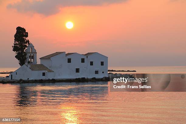 vlacherna monastery at dawn, corfu, greece - corfu town stock pictures, royalty-free photos & images