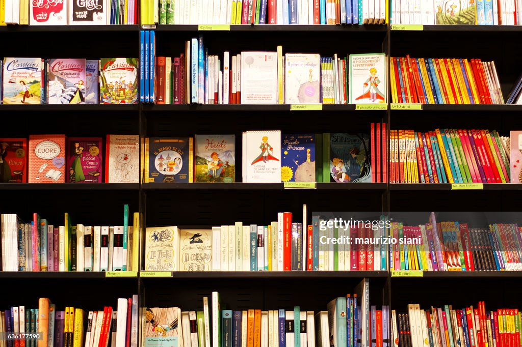 Books on shelves in bookstore