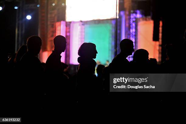 silhouette of large group of spectators at a night time performance - concert hall exterior stock pictures, royalty-free photos & images