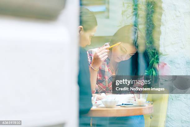 girl friends sitting together in cafe, studying - publik stockfoto's en -beelden