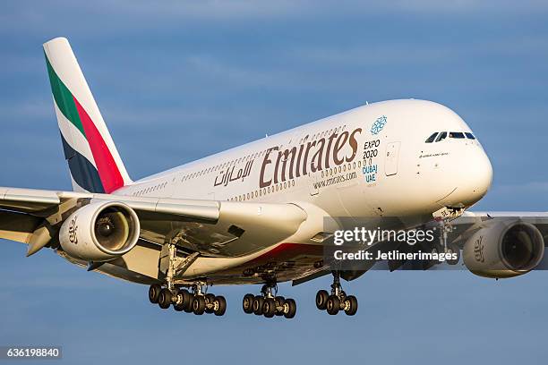 emirates airline airbus a380 - emirates stock pictures, royalty-free photos & images