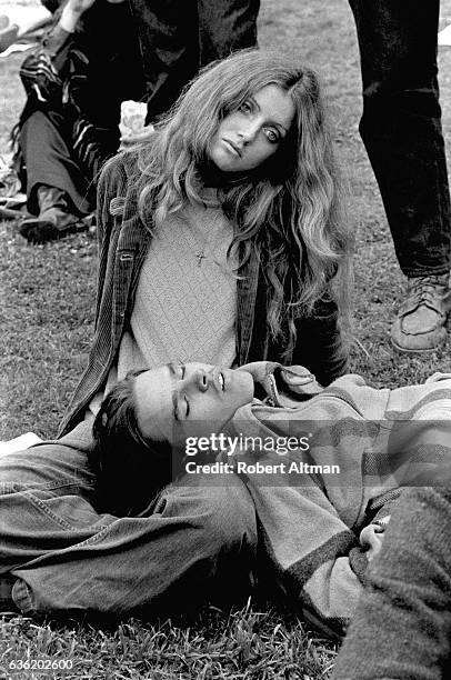 Young couple is spent during an Anti-War Moratorium on April 16, 1969 in San Francisco, California.