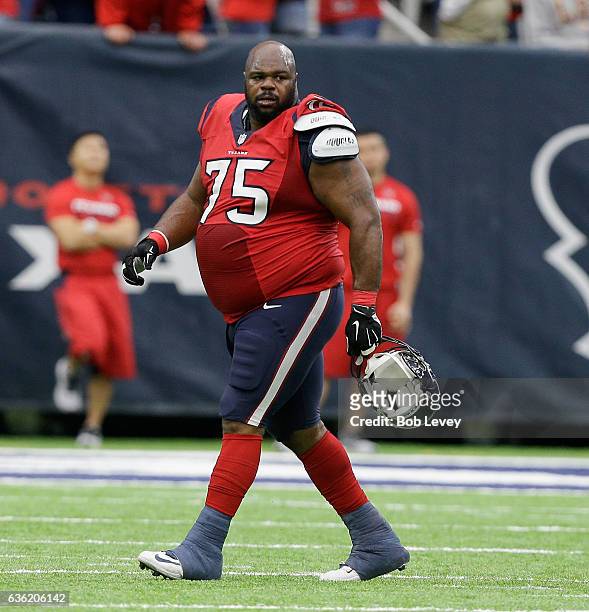 Vince Wilfork of the Houston Texans walks off the field upset with the officials against the Jacksonville Jaguars at NRG Stadium on December 18, 2016...