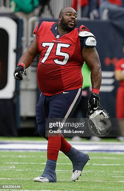 Vince Wilfork of the Houston Texans walks off the field upset with the officials against the Jacksonville Jaguars at NRG Stadium on December 18, 2016...