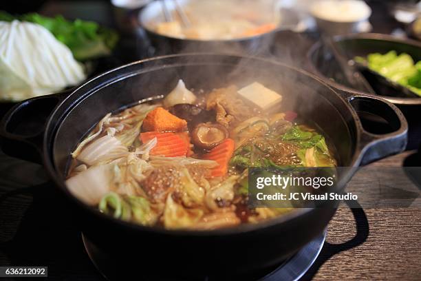 sukiyaki (japanese food) - hot pots stock pictures, royalty-free photos & images