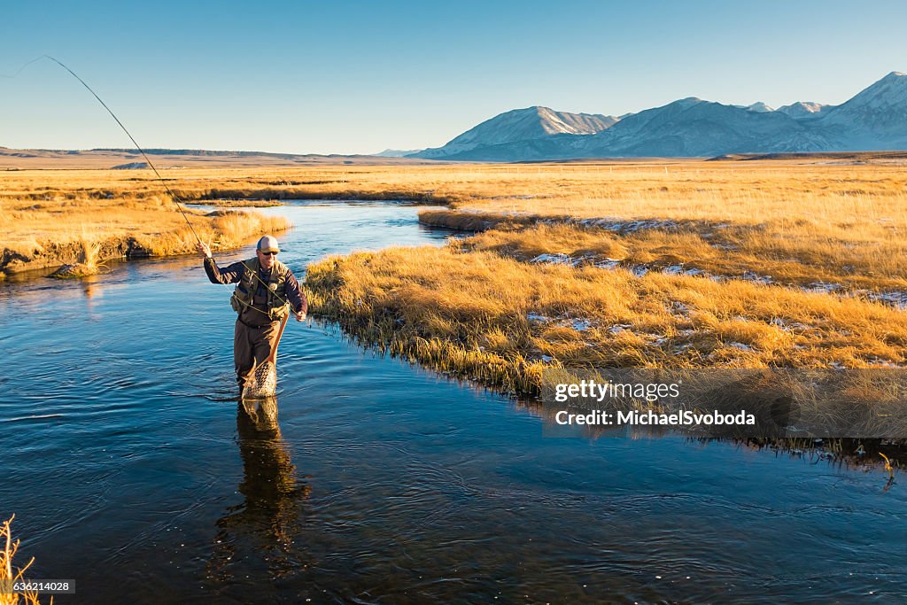 Fly Fisherman On The River Casting