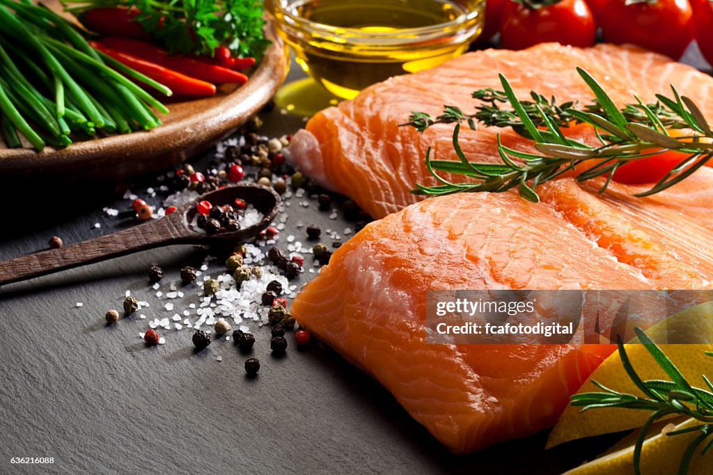 Raw salmon steak