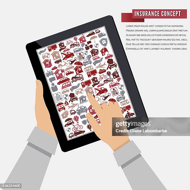 online insurance concept with hands and tablet - fallen tree stock illustrations