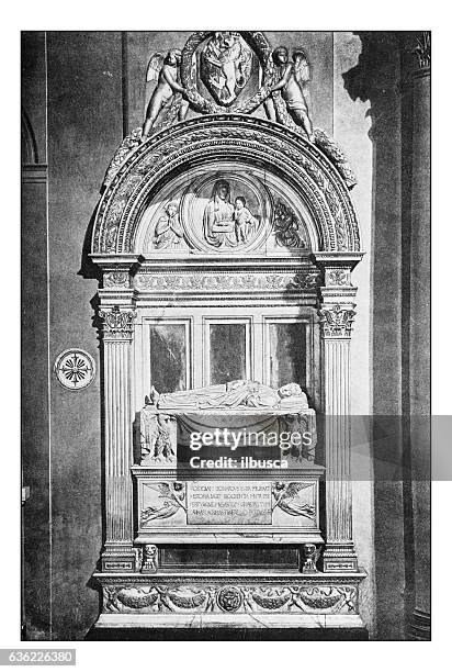 antique dotprinted photographs of italy: florence, leonardo bruni monument - piazza di santa croce stock illustrations
