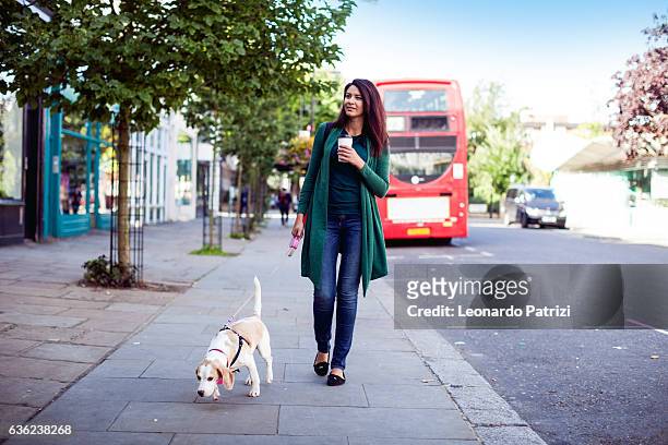woman and her own dog in early sunday morning - walking the dog stock pictures, royalty-free photos & images