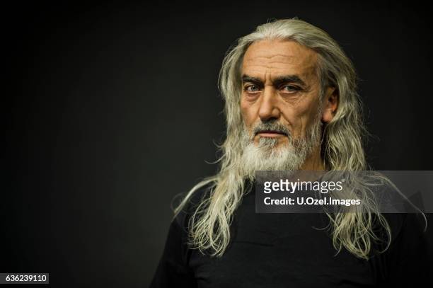 bearded senior man portrait, age:55 - lang fysieke beschrijving stockfoto's en -beelden