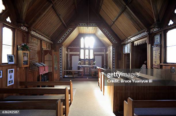 interior view of historic te ahurewa maori church - motueka stock pictures, royalty-free photos & images