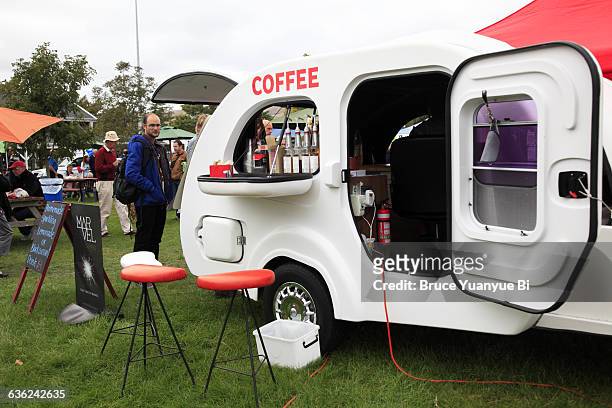 a mobile coffee cart on farmers market - blenheim stock pictures, royalty-free photos & images