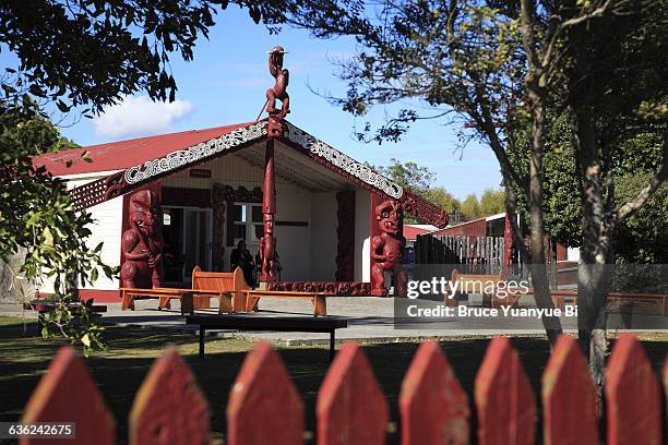 traditional maori meeting house of turangaapeke - motueka stock pictures, royalty-free photos & images