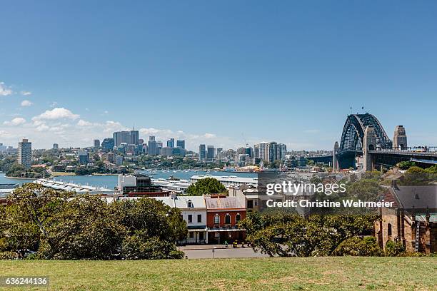 observatory hill, sydney, australia. a scenic view of the rocks & harbour bridge on a sunny day. - christine wehrmeier stock pictures, royalty-free photos & images