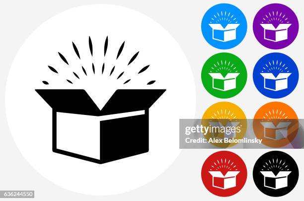 open box icon on flat color circle buttons - opening box stock illustrations