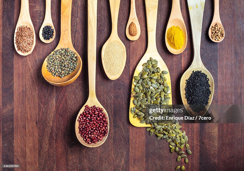 Spices, nuts, seeds, grains and pulses.