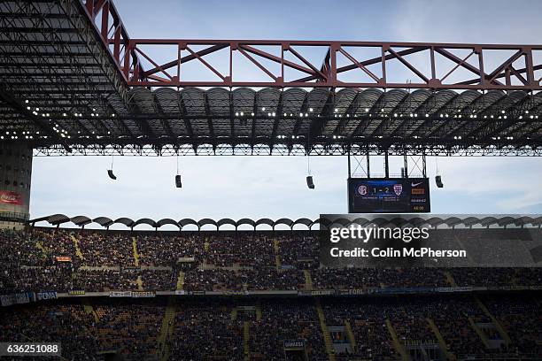 The stadium's electronic scoreboard pictured as the match enters second-half injury time at the Stadio Giuseppe Meazza, also known as the San Siro,...