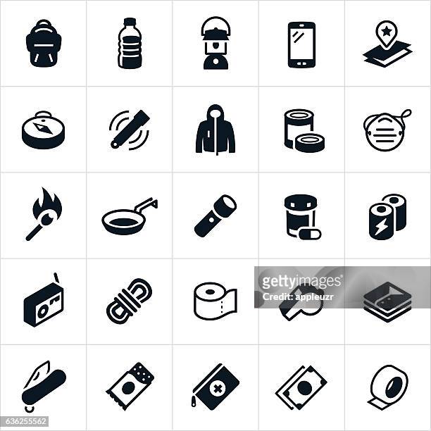 ilustraciones, imágenes clip art, dibujos animados e iconos de stock de iconos de suministros de preparación para emergencias - abrigo