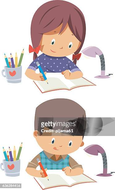 schulkinder - young girls homework stock-grafiken, -clipart, -cartoons und -symbole