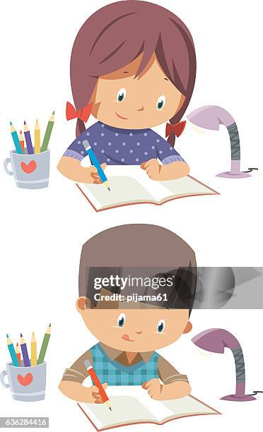 stockillustraties, clipart, cartoons en iconen met schoolchildren - young girls homework