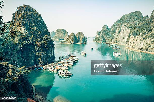 high angle view on old boats cruising around through halong bay - halong bay stock pictures, royalty-free photos & images