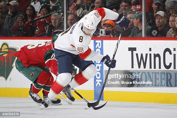 Dylan McIlrath of the Florida Panthers skates with the puck against the Minnesota Wild during the game on December 13, 2016 at the Xcel Energy Center...