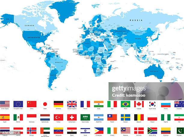 world map with most popular flags against white background - international border stock illustrations