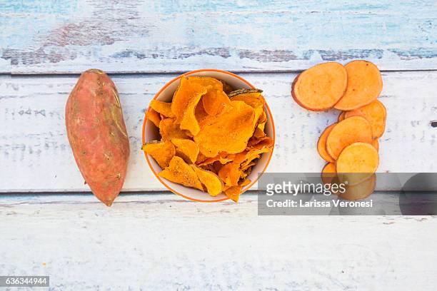 bowl with sweet potato chips - chopped food stock pictures, royalty-free photos & images