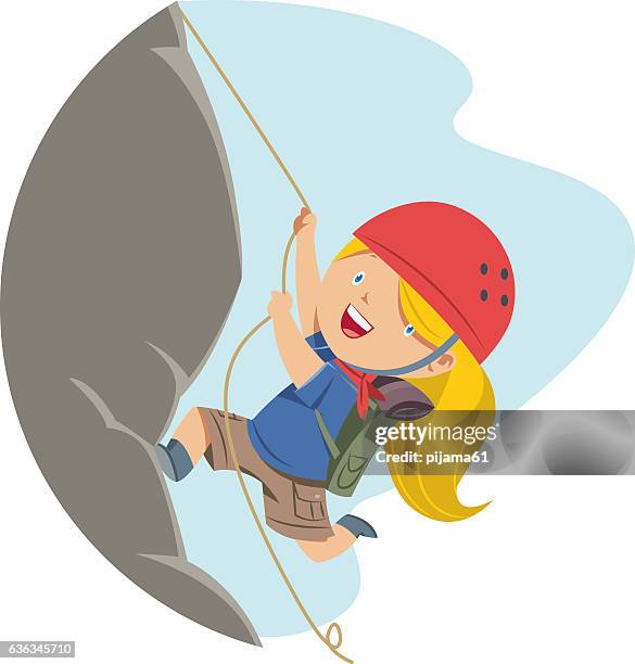 ilustraciones, imágenes clip art, dibujos animados e iconos de stock de little girl escalada en roca - clambering