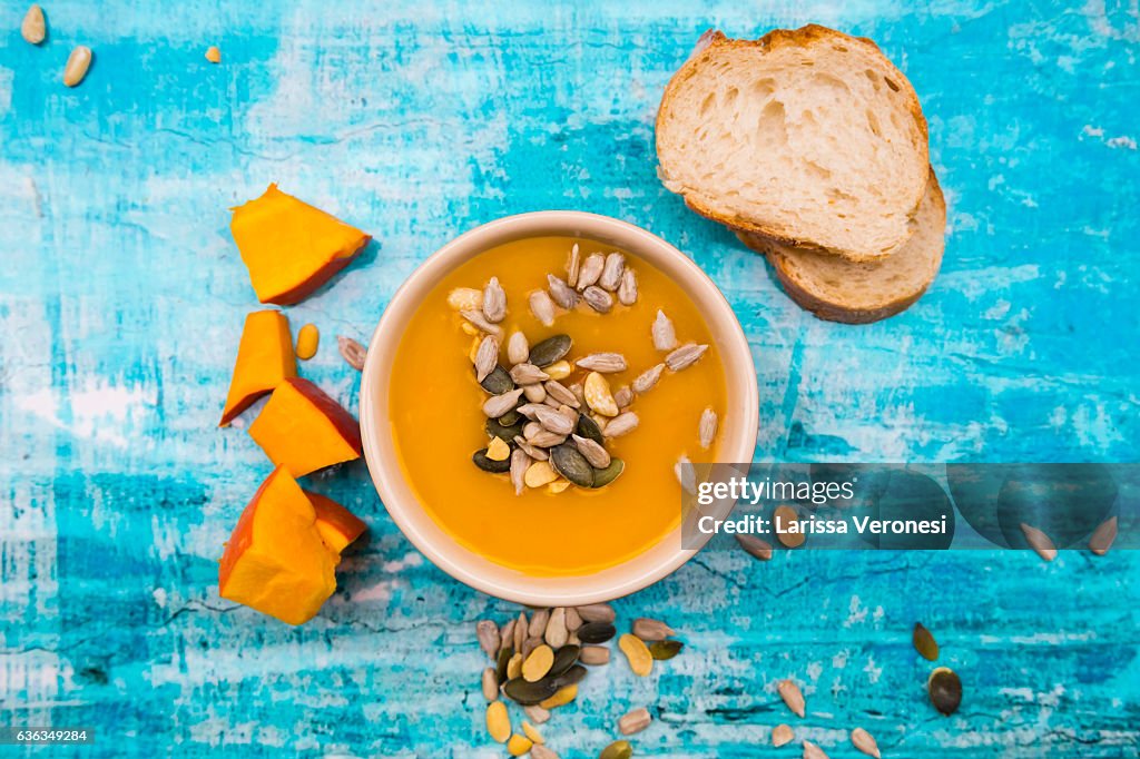 Organic pumpkin soup in bowl