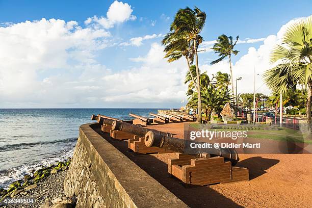 old bronze canons in saint-denis, capital city of the reunion in france - saint denis reunion stock pictures, royalty-free photos & images