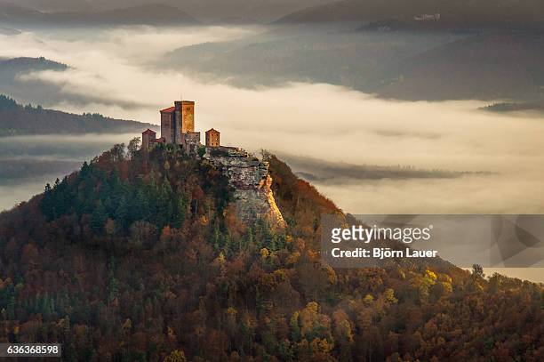 trifels castle on a foggy autumn morning - rhineland palatinate stockfoto's en -beelden