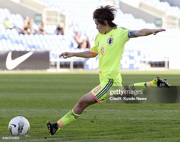 Portugal - Aya Miyama of Japan shoots the game-winning penalty kick against Sweden in Faro, Portugal, on March 10 in the Algarve Cup women's soccer...